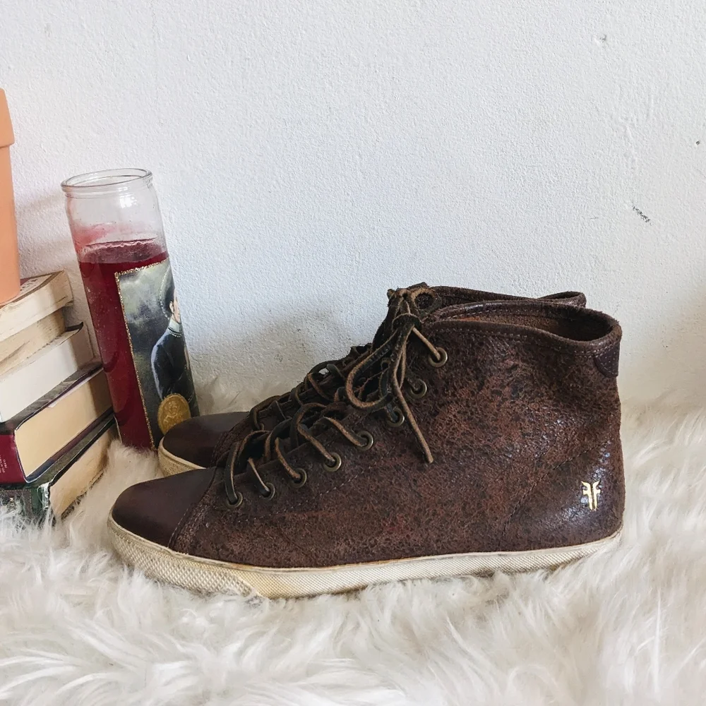 Frye Chambers High Top Sneaker Distressed Leather Shoes Lace-Up Dark Brown 8.5